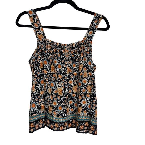 Evereve XSmall XS Black Orange Floral Swing Tank Top Square Neck Printed Smocked - Picture 1 of 9